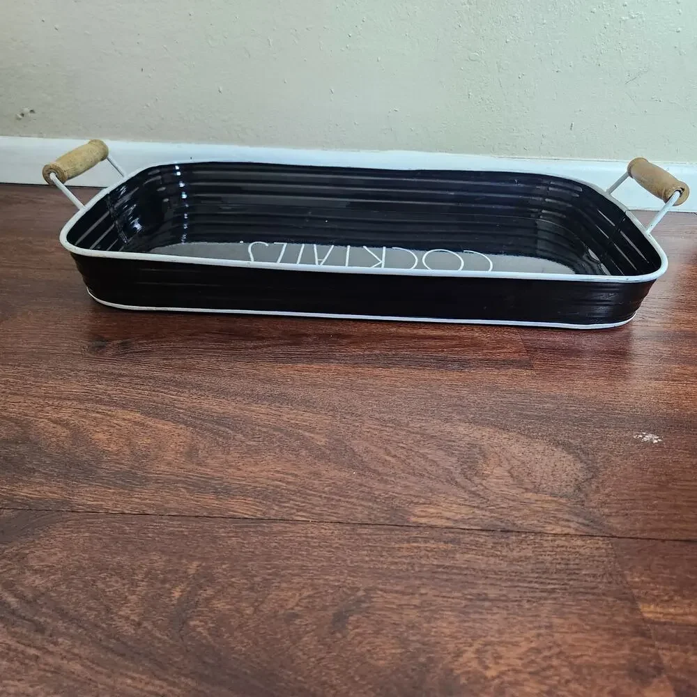 RAE DUNN Black Cocktails Tray with Wood Handles - Picture 5 of 7